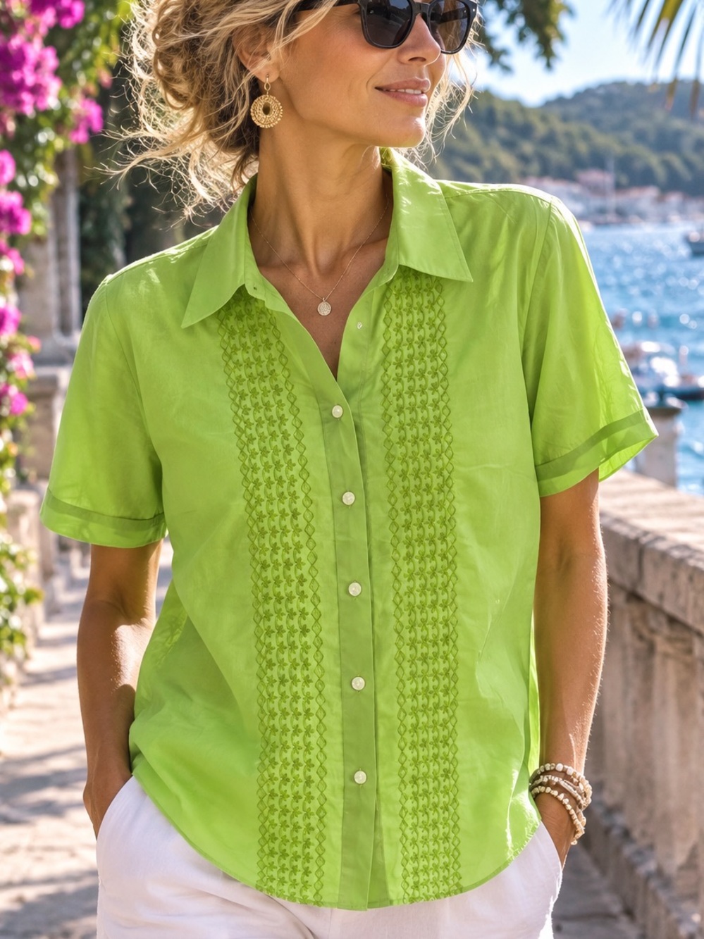 AFIVA Lime Green Embroidered Cotton Button Front Blouse Size M NWT